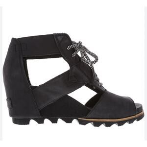 Sorel 'Joanie' Women's 8.5 Lace Up Wedge Leather Sandal Black White Open Toe